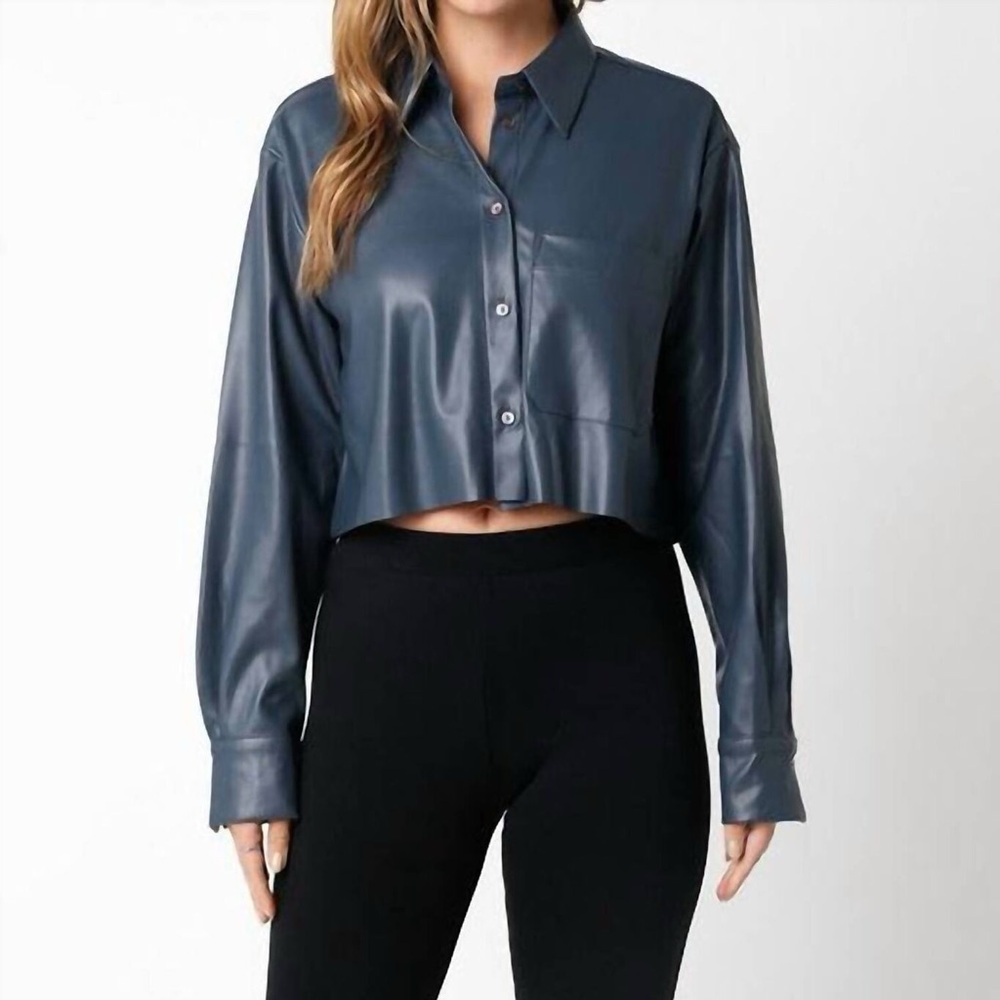 Cropped Midnight Blue Faux Leather Shirt size M